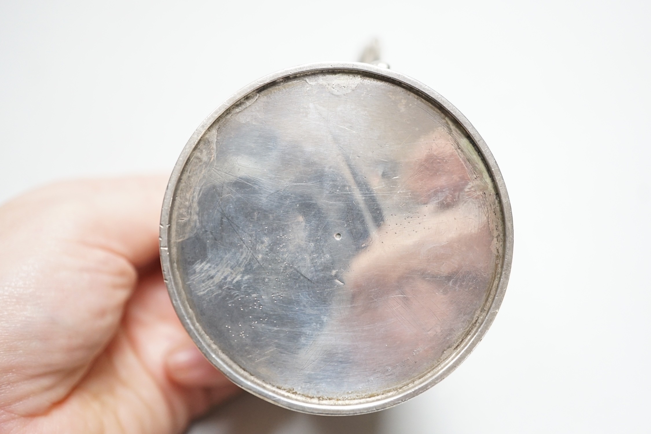 A Victorian engraved silver christening mug, Charles Stuart Harris, London, 1881, height 92mm, with engraved monogram.